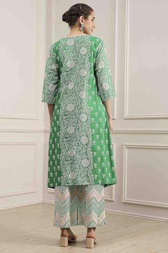 Biba Women's Green Cotton A-Line Printed Suit Set