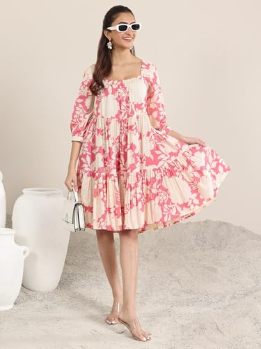 Libas Womens Printed Cotton A-Line Dress for Women Coral