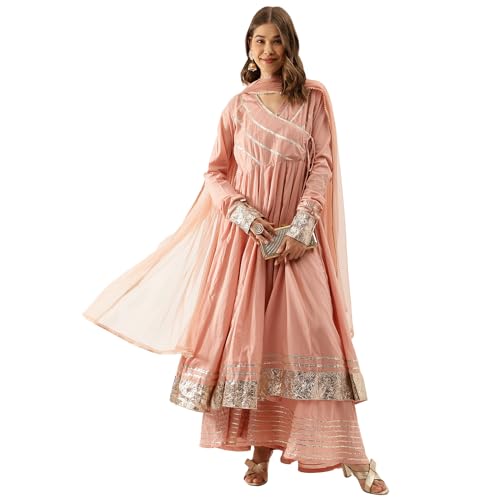 Divena Peach Solid Cotton gota Work Kurta set with Dupatta
