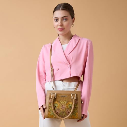 Caprese Siji Tresna Small Tote Bag for Women with Multiple Pockets | Kashida Embroidery Shoulder Bag with Adjustable & Detachable Strap and Zipper Closure | Ideal for Work, Everyday Outings (Brown)