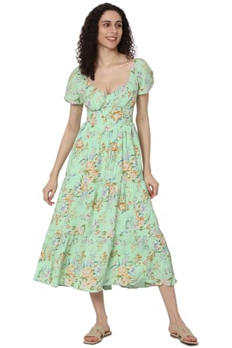 American Eagle Women's Polyester Blend A-Line Midi Dress (WES0397160300_Green