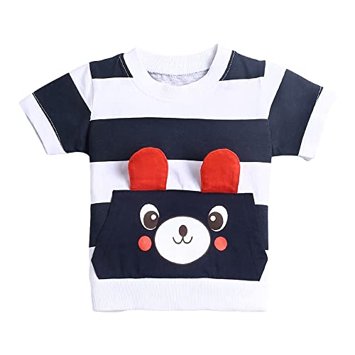 Hopscotch Boys Cotton Stripes Bear Printed Half Sleeves T-Shirt Joggers Set In Multi Color For Ages 2-3 Years