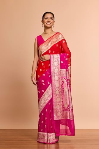 Taneira Women Red Pure Silk Georgette Cutwork Banaras Saree With Unstitched Blouse Piece (SAIP08AB6616-Red)
