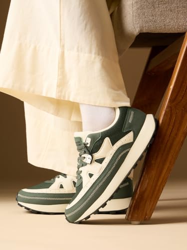 The Souled Store Milano: Olive Women and Girls Low Top Sneakers Olive and Off-White Retro Trainer Microfibre Suede and Engineered Mesh Cushioned Sole Chunky Retro Sneakers
