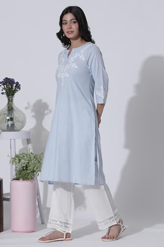 W for Woman Blue A-line Textured Cotton Embroidered Kurta, Pants with Dupatta Set_24ONWS10508-221412_3XL