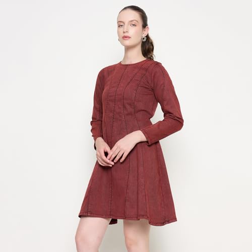 Madame Red A-line Cotton Blend Denim Dress