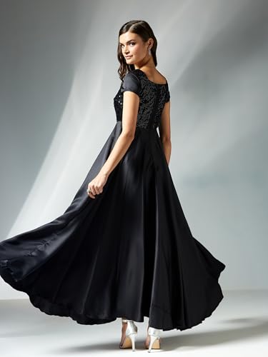 Miss Chase Women's Square Neck Short Sleeve Embellished Polyester Fit & Flare Maxi Dress (MCAW25D88-29-62-02, Black, XS)