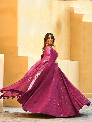 Zeel Clothing Women's Sequins Thread Embroidered Georgette Lehenga Choli With Dupatta (5124-Women-Lehenga-Choli-Latest,Free size) (Pink)