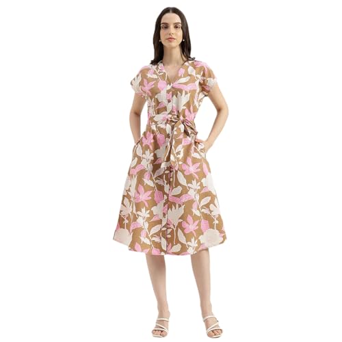 United Colors of Benetton Regular Fit V Neck Floral Extended Sleeve Cotton Linen Dress (Size: XL) - 26P4WVNDR302I901 Beige