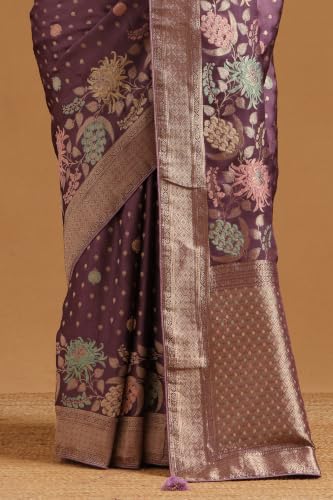 Soch Womens Lavender Satin Botanical Zari Woven Saree