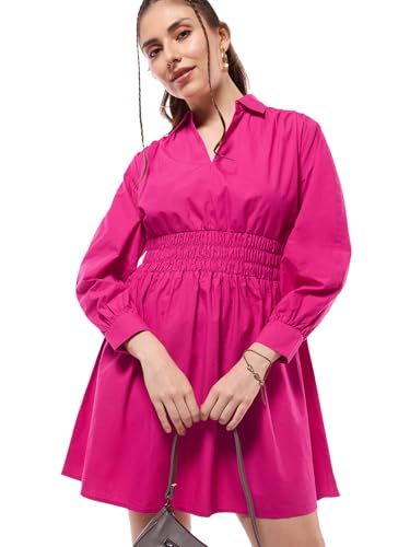 Bewakoof Women's Solid Oversized Fit Full Sleeve Collar Cotton Shirt Dress 635464 Pink M