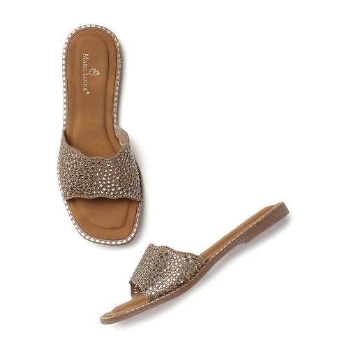 Marc Loire Women Smart Casual Embellished Slip-On Flats Chappals | Open Toe Fashion Sandals with Comfortable Sole (Copper, UK Footwear Size System, Adult, Women, Numeric, Medium, 7)
