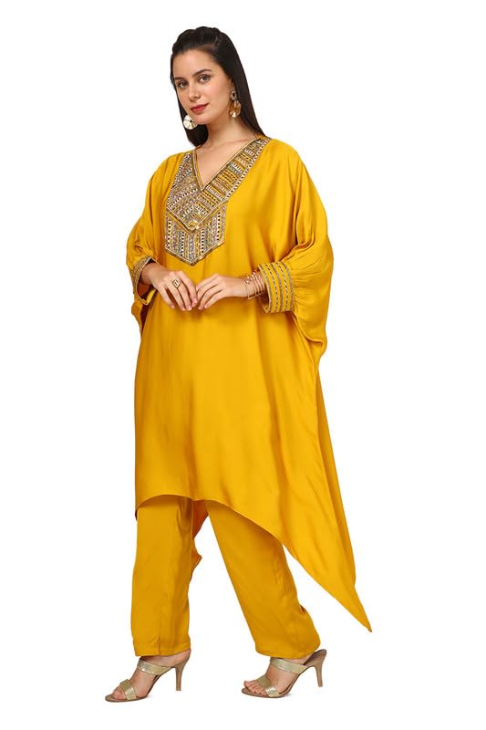 Soch Womens Mustard Viscose Crepe Kaftan Suit With Mirror Work