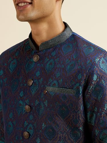 Manyavar Men's Art Silk Jacquard Embroidered Kurta Set (Blue,XXL)