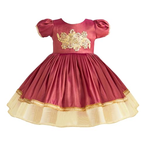 Stanwells Kids Dress for Girls Shade Traditional Applique Kerala Ethnic Silk Frock for Baby Girls Ruffle Pattern Zipper Beautiful Cap Sleeve Birthday Dress for Girls Pink (6-7 Years)