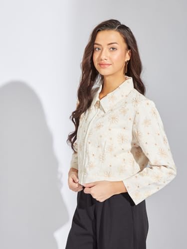 Latin Quarters Women Beige Embroidery Collar Neck Full Sleeves Casual Jacket_XL