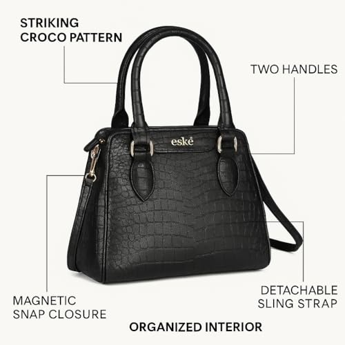 eske Mira Vegan Leather Handbag, Animal Print Pattern, Dual Compartment, Detachable Sling Strap (Black)
