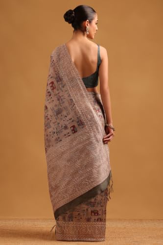 Soch Womens Beige Tussar Kantha Embroidered Warli Saree