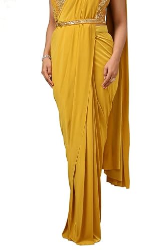 Soch Womens Mustard Nylon Blend Sequin Ready-To-Wear Saree With Belt