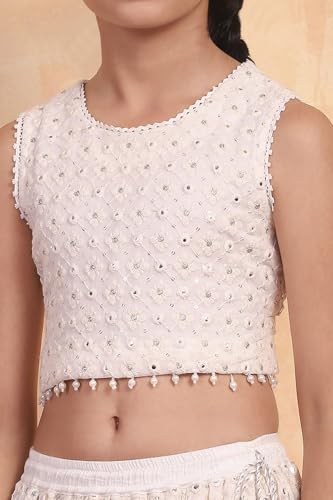 Biba Girls White Viscose Embroidered Kalidar Lehenga Set_6-7Y