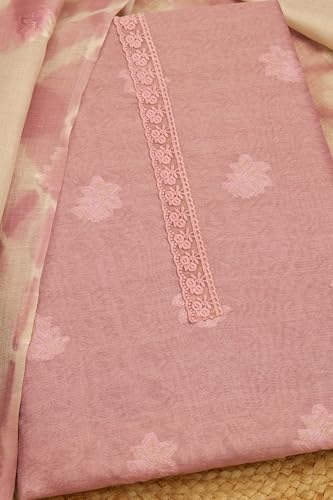 Soch Womens Onion Pink Linen Floral Print Unstitched Dress Material With Thread Work