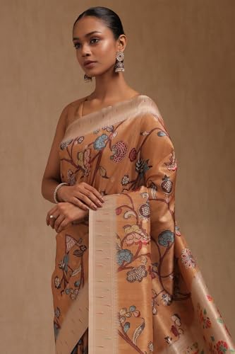Soch Womens Mustard Tussar Floral Print Saree