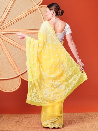 Ada Women Hand Embroidered Lucknowi Chikankari Georgette Saree With Unstitched Blouse Piece A129556, Yellow