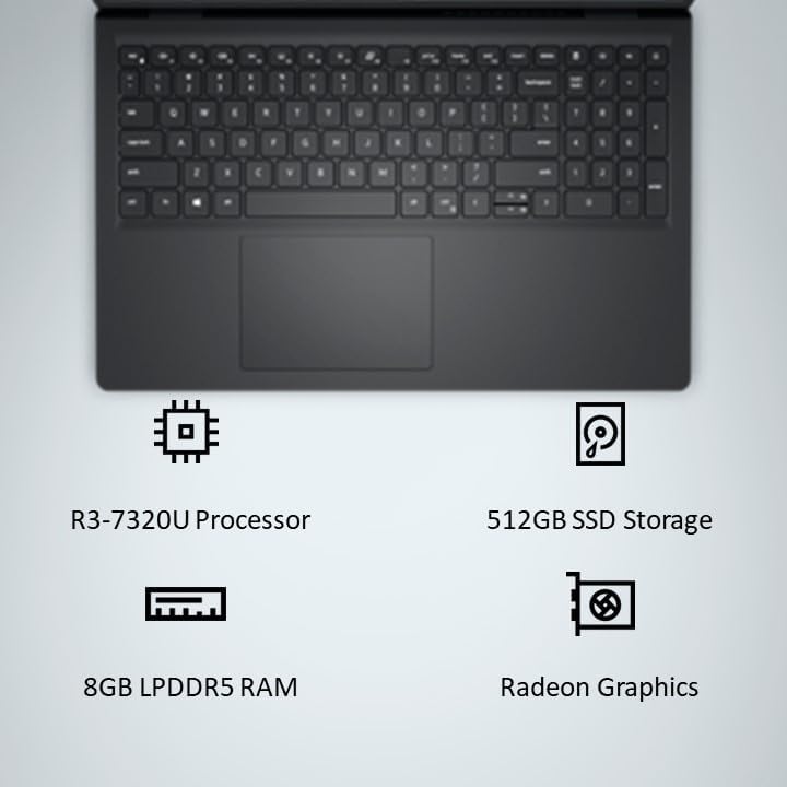 Dell 15, AMD Ryzen 3 7320U Processor (8GB RAM / 512GB SSD/Windows 11 + Office H&S 2024 + M365 / 15.6"(39.62 Cm) FHD Display / 12 Month Mcafee/Carbon Black Color/ 1.63 Kg Thin & Light Laptop