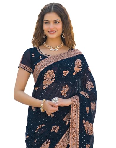 SIRIL Women's Georgette Embroidery & Stone Work Scalloped Border Saree With Unstitched Blouse Piece (4932S932_Dark Navy Blue)