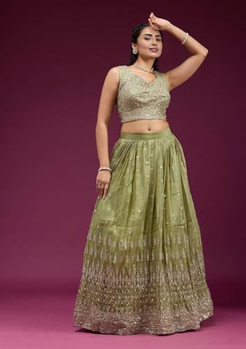 Fab Window Women's Silk Lehenga with Embroidered Unstitched Blouse and Dupatta, Ethnic (Semi Stitched_Free size). (Olive Green)