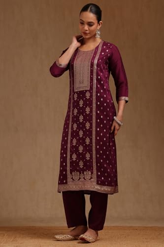 Soch Womens Purple Russian Silk Zari Woven Kurta Set With Zari Woven