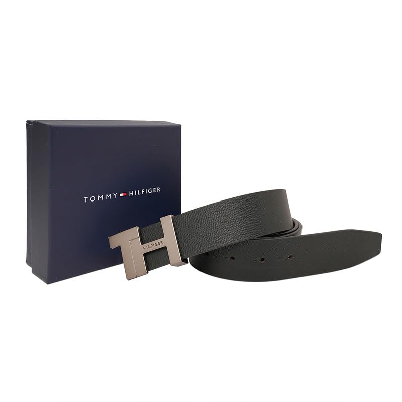 Tommy Hilfiger Men's Belfield Reversible Leather Belt - Th Side Monogram - Dual Black & Tan For Casual Fashion & Gifting | Size M - 90 CM