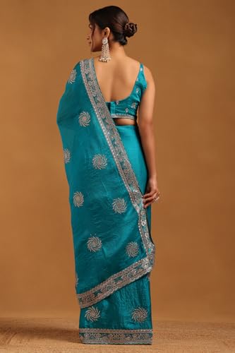 Soch Womens Turquoise Blue Fendy Organza Floral Saree With Zari Embroidery and stone work
