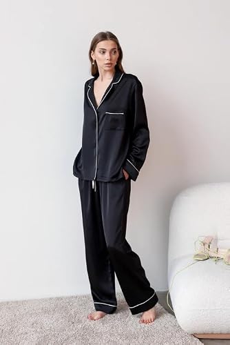 bellababebysk Women's Classic Satin Pajama Set | Long Sleeve | Button-Down Top with Contrast Piping | Wide-Leg Pants | Deep Lapel | Soft Satin Pjs | Luxury Coords Set (Black, 3XL)