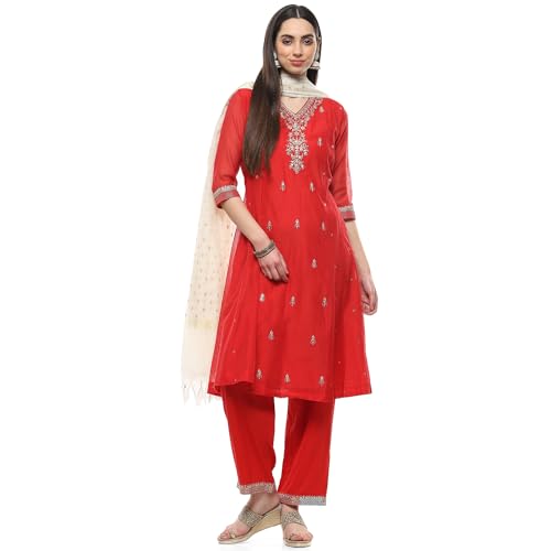 BIBA Women EMBROIDERY KALIDAR SALWAR KURTA DUPATTA(SKDJEWELLED CHARM8990_RED_34)