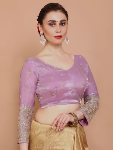 Salwar Studio Pink Organza V Neck Embroidered Readymade Alterable Blouse