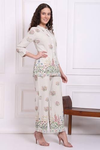 W for Woman White Floral Printed Checker Pure Cotton Shirt and Pants Co-ord Set (Size: S)-WS12976-125837