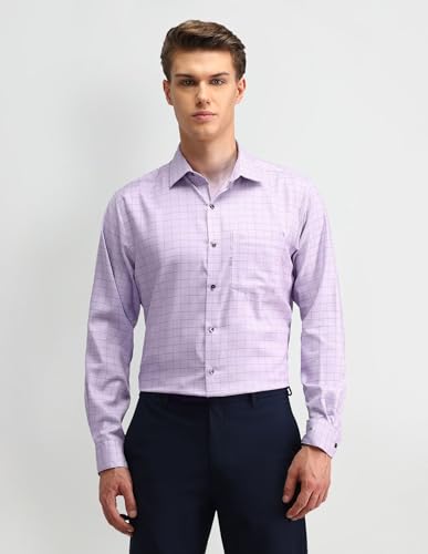 Arrow Men's Purple Checkered Spread Collar Collared Neck Full Sleeve Formal Cotton Regular Fit Shirt (ARAISH0177_Purple_44)