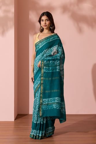 Taneira Women Green Ujjain Pure Silk Cotton Batik Saree with Unstitched Blouse Piece (SAPP01AA4695-Green)