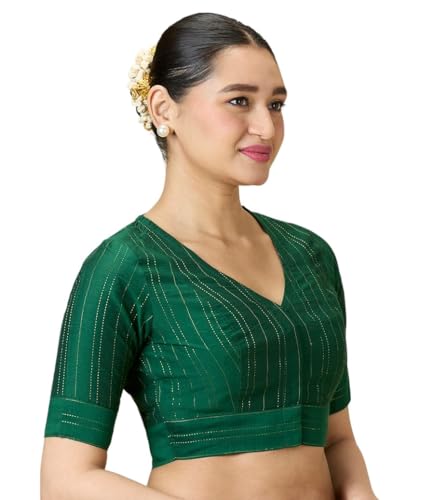Studio Shringaar Women's Cotton Silk Blended Saree Blouse with Zari Stripes (Green, 46)