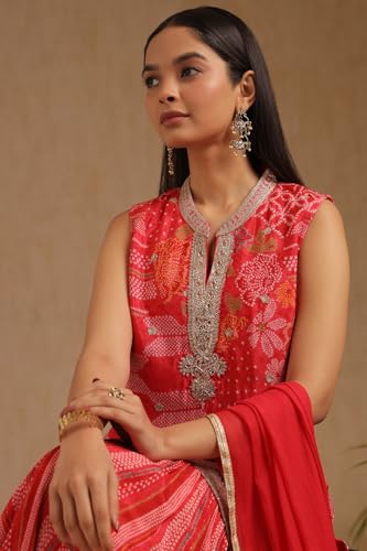 Soch Womens Red Chinon Bandhani Print Suit Set With Zardosi
