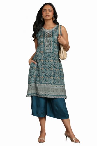 Soch Womens Teal Muslin Botanical Printed Kurta Set