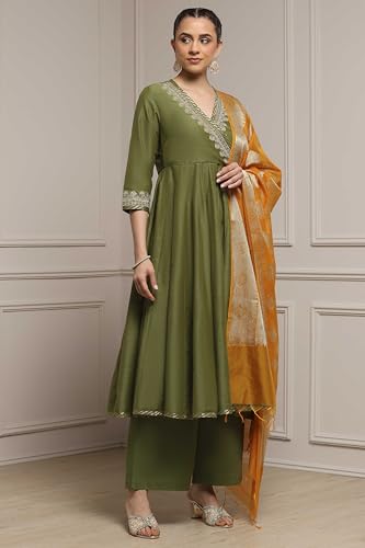 Biba Women Sage Green Polyester Blend Anarkali Embroidered Suit Set_36