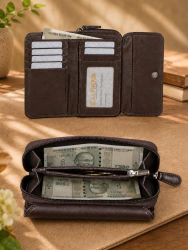 Calfnero Zodiac Women's Genuine Leather Large Zip-Around Wallet - RFID Blocking Clutch Purse | Organizer with 7 Card Slots, ID Window & 2 Secure Compartments - Dark Brown