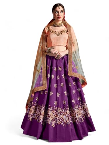 Zeel Clothing Women's Sequins Resham Thread Embroidery Raw Silk New Semi Stitched Lehenga Choli With Dupatta (7013-Purple-Wedding-Stylish-Lehenga-Choli; Free Size)