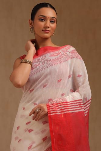 Soch Womens White Cotton Woven Design Saree