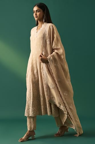 Wishful Women's Beige Embroidered Anarkali Kurta with Straight Pant and Dupatta Set - (SP12866-401193-M)