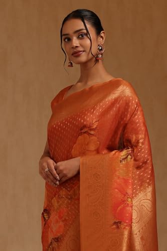 Soch Womens Orange Dola Silk Floral Zari Woven Saree