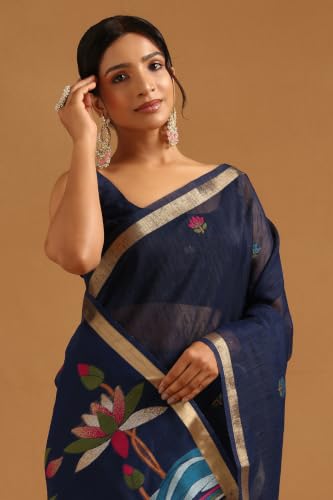 Soch Womens Navy Blue Organza Woven Design Saree