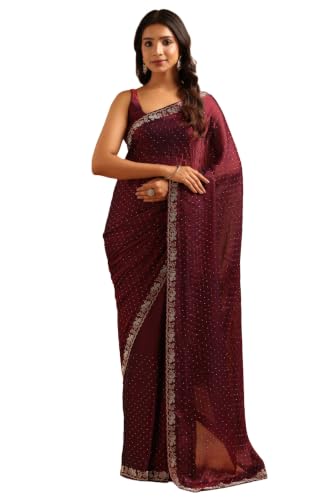 Soch Womens Wine Fendy Organza Stonework Embellished Saree
